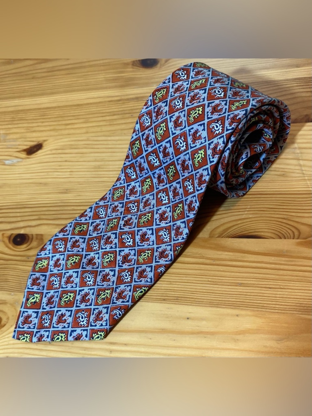 Vintage All Silk Cravat English Handblocked Crest Tapestry Rust and Blue Necktie